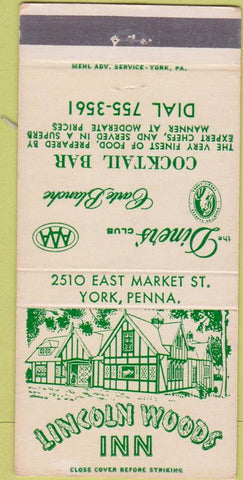 Matchbook Cover - Lincoln Woods Inn York PA 30 Strike