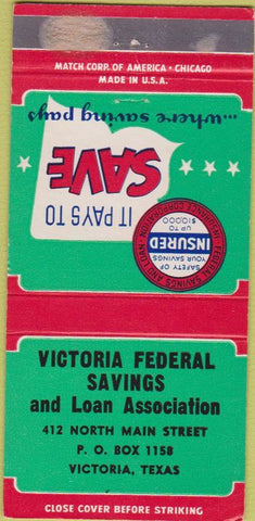 Matchbook Cover - Victoria Federal Savings Victoria TX WEAR 30 Strike