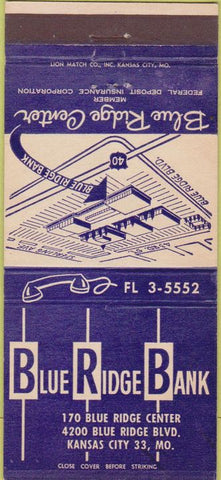 Matchbook Cover - Blue Ridge Bank Kansas City MO 30 Strike