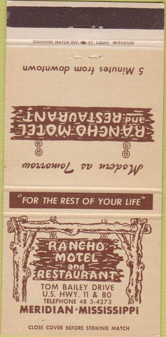 Matchbook Cover - Rancho Motel Restaurant Meridian MS 30 Strike