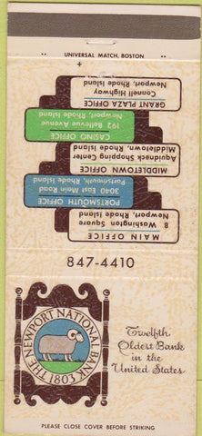Matchbook Cover - Newport National Bank RI Middletown Portsmouth 30 Strike