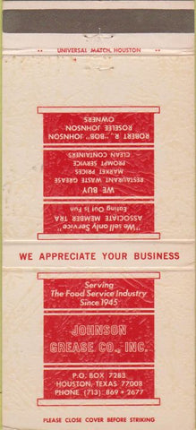 Matchbook Cover - Johnson Grease Co Houston TX Galveston Waco 30 Strike