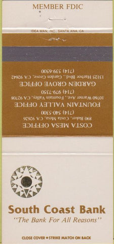 Matchbook Cover - South Coast Bank Graden Grove Costa Mesa CA 30 Strike