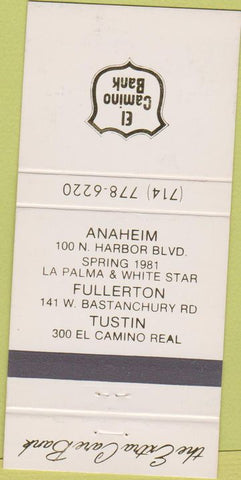 Matchbook Cover - El Camino Bank Tustin Fullerton Anaheim CA all white 30 Strike