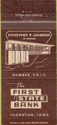 Matchbook Cover - First State Bank Thornton IA 30 Strike