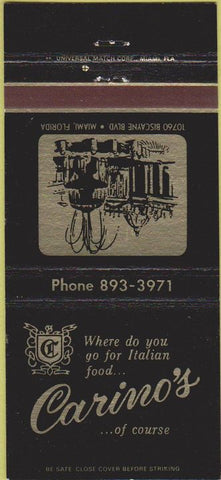 Matchbook Cover - Carino's Italian Food Miami FL 30 Strike