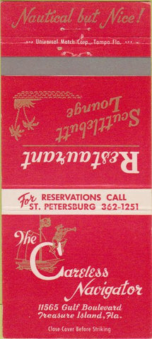 Matchbook Cover - Careless Navigator Treasure Island FL 30 Strike
