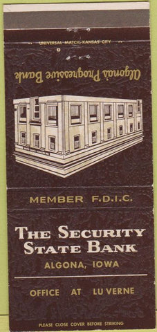 Matchbook Cover - Security State Bank Algona IA 30 Strike