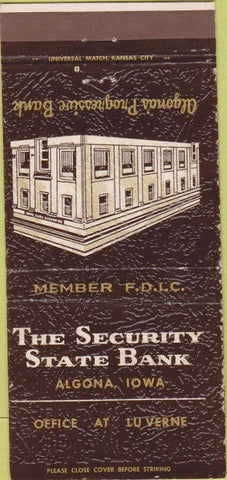 Matchbook Cover - Security State Bank Algona IA 30 Strike