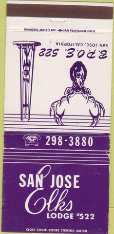 Matchbook Cover - Elks Lodge San Jose CA 30 Strike