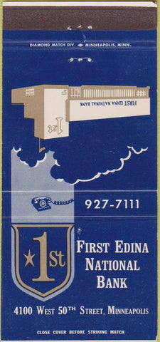 Matchbook Cover - First Edina National Bank Minneapolis MN 30 Strike