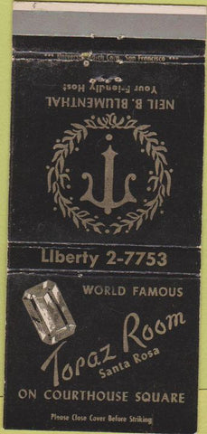 Matchbook Cover - Topaz Room Santa Rosa CA 30 Strike