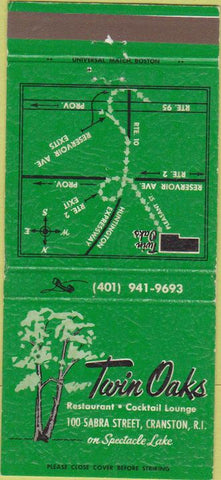 Matchbook Cover - Twin Oaks Cranston RI 30 Strike