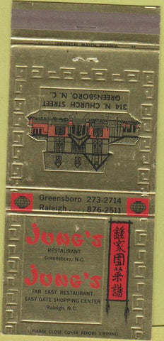 Matchbook Cover - Jung's Restaurant Greensboro Raleigh NC 30 Strike