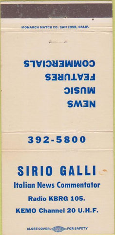 Matchbook Cover - Sirio Galli Italian News KEMO Radio San Jose? 30 Strike
