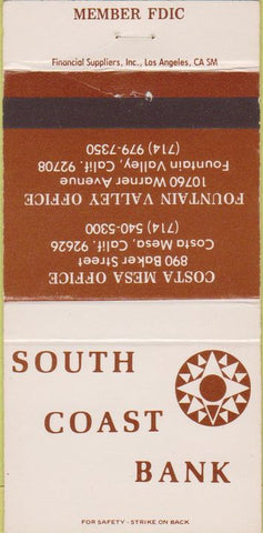 Matchbook Cover - South Coast Bank Fountain Falley Costa Mesa CA 30 Strike