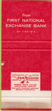 Matchbook Cover - First National Exchange Bank of VA WORN 30 Strike