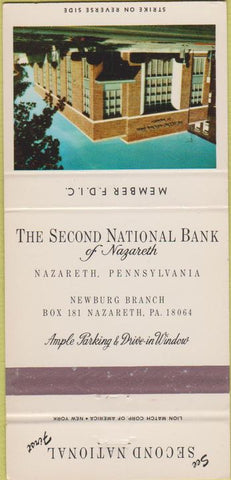 Matchbook Cover - Second National Bank Nazareth PA 30 Strike