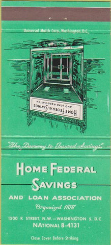Matchbook Cover - Home Federal Savings Washington DC 30 Strike