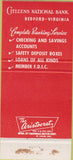 Matchbook Cover - Citizens National Bank Bedford VA 30 Strike