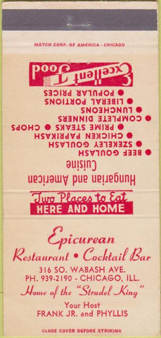 Matchbook Cover - Epicurean Restaurant Chicago IL 30 Strike