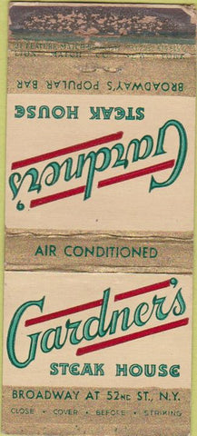 Matchbook Cover - Gardner's Steak House New York City WORN 21 Strike Feature