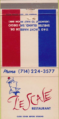 Matchbook Cover - L'E Scale Restaurant Shelter Island San Diego CA 30 Strike