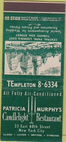 Matchbook Cover - Patricia Murphy Candlelight Restaurant New York City 30 Stick