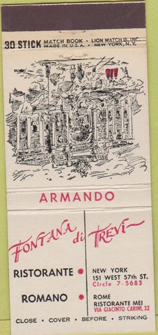Matchbook Cover - Fontana Di Trevi New York City Rome 30 Stick