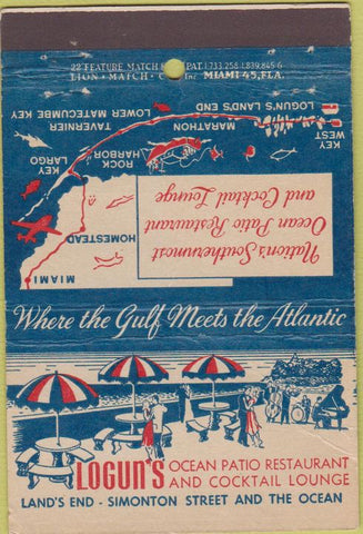 Matchbook Cover - Logun's Restaurant Key West FL CREASED 22 Strike Feature