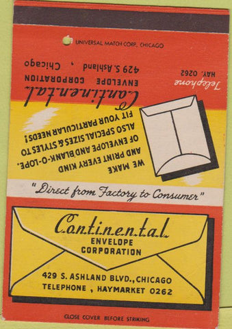 Matchbook Cover - Continental Envelope Co Chicago IL SAMPLE 40 Strike