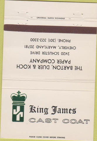 Matchbook Cover - King James Cast Coat Barton Paper Cheverly MD 40 Strike