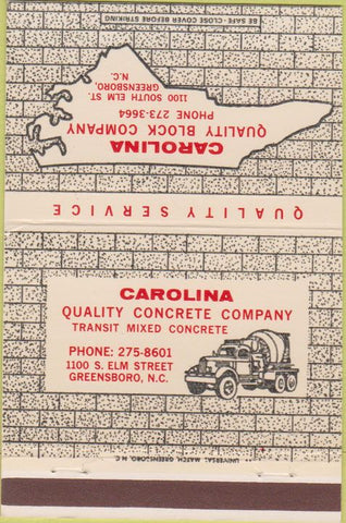 Matchbook Cover - Carolina Quality Block concrete Greensboro NC 40 Strike