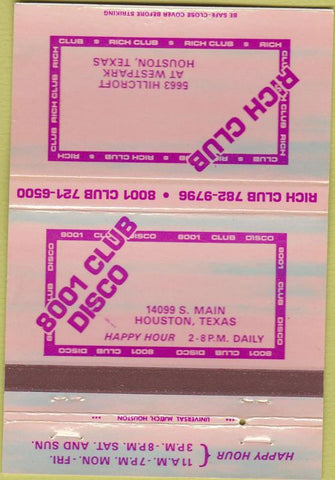 Matchbook Cover - Rich Club Houston TX Disco 40 Strike