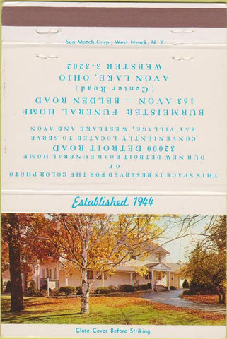 Matchbook Cover - Burmeister Funeral Home Avon Lake OH 40 Strike