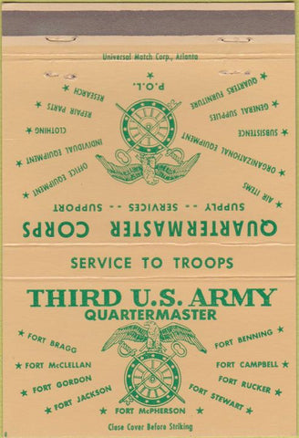 Matchbook Cover - Third US Army Quartermaster Fort McPherson 40 Strike