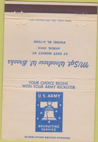 Matchbook Cover - US Army Recruiting Akron OH Woodrow Brooks 40 Strike