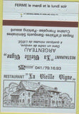 Matchbook Cover - La Vieille Vigne Restaurant Belgium 40 Strike