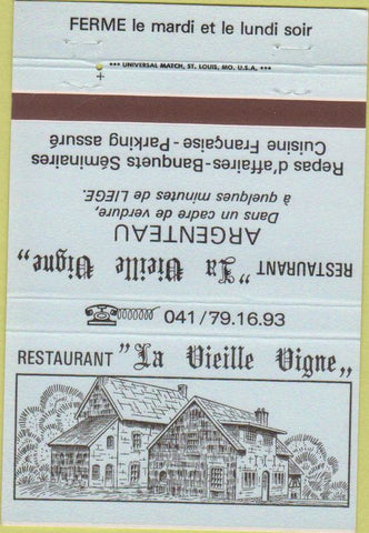 Matchbook Cover - La Vieille Vigne Restaurant Belgium 40 Strike