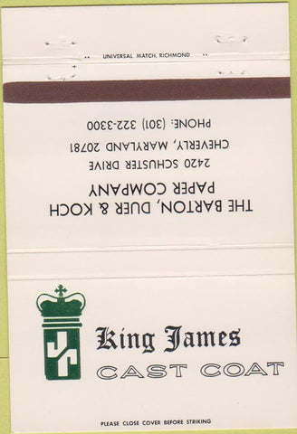 Matchbook Cover - King James Cast Coat Paper Richmond VA 40 Strike