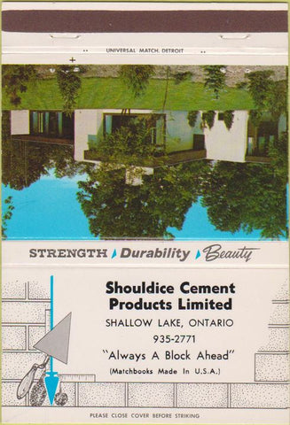 Matchbook Cover - Shouldice Cement Products Shallow Lake ON 40 Strike