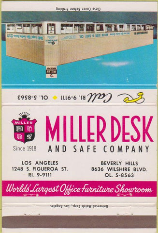 Matchbook Cover - Miller Desk Safe Co Beverly Hills Los Angeles CA 40 Strike