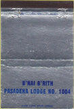 Matchbook Cover - B'nai B'rith Lodge Pasadena CA 40 Strike