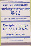 Matchbook Cover - Casiphia Lodge Mount Joy PA 1952 40 Strike