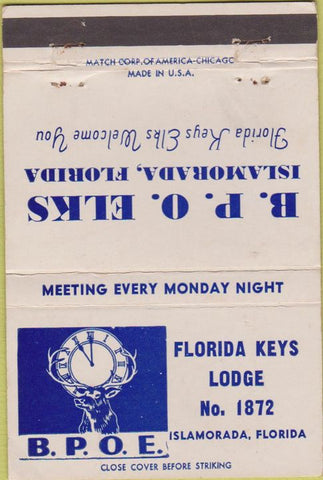 Matchbook Cover - Elks Lodge Islamorada FL WEAR CREASE 40 Strike
