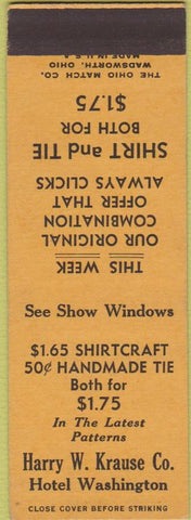 Matchbook Cover - Hotel Warrington men's clothes Mallory Hats SAMPLE