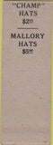 Matchbook Cover - Hotel Warrington men's clothes Mallory Hats SAMPLE