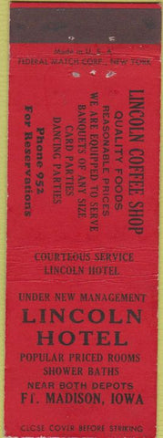 Matchbook Cover - Lincoln Hotel Fort Madison IA