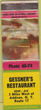 Matchbook Cover - Gessner's Restaurant Addison NY