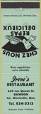 Matchbook Cover - Irene's Restaurant Montcalm QC